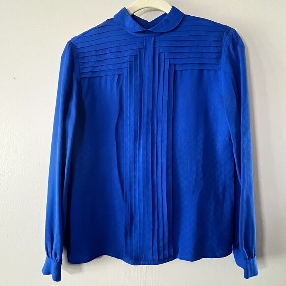 VTG Top Silk‎ Womens 4 Blue CHR 90s Cobalt Pleated Design Blouse Shirt Buttons - Picture 1 of 8